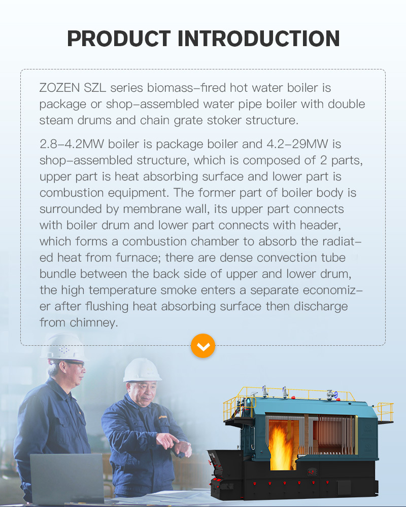 SZL series biomass-fired hot water boiler is energy conservation, low emissions, and thermal efficiency is higher than 88%, high level of automation