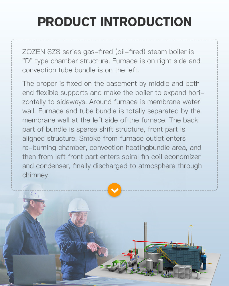 SZS series gas fired steam boiler is low emissions,thermal efficiency is over 98% and fully automatica safe operation